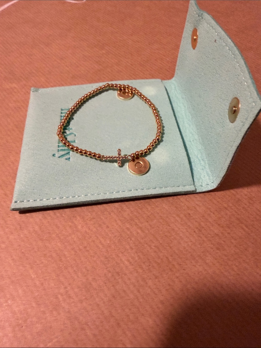 Tiffany Style Gold Beaded Bracelet with Cross and Disc Charm